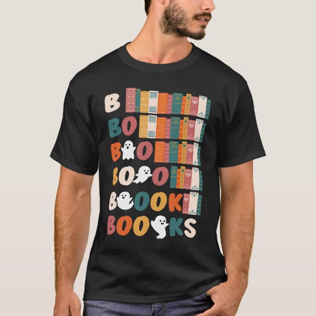 Boooks Ghosts Halloween Teacher Book Library Readi T-Shirt (Front)