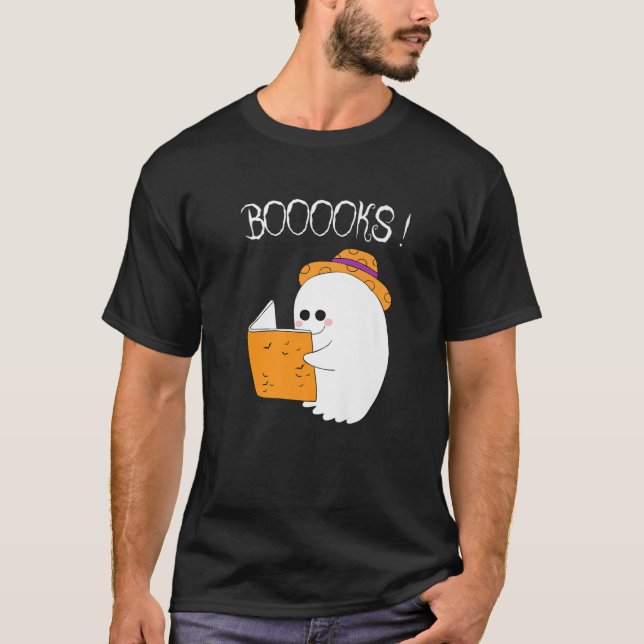 Boooks Moon Ghost Halloween Bookworm Librarian Tea T-Shirt (Front)