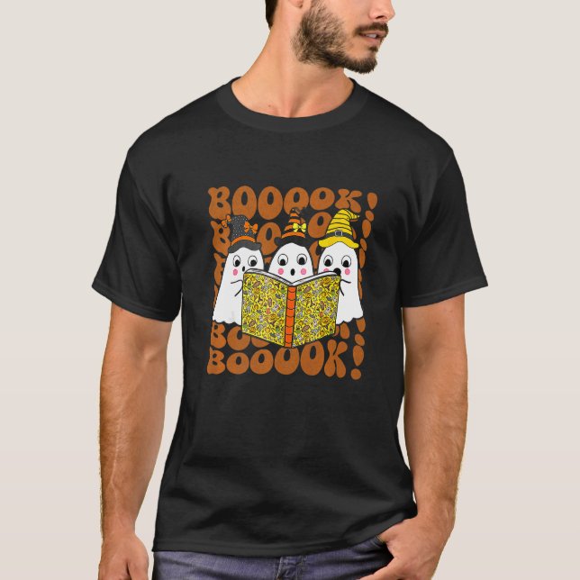 Booooks Cute Ghost Boo Reading Books Halloween Lib T-Shirt (Front)