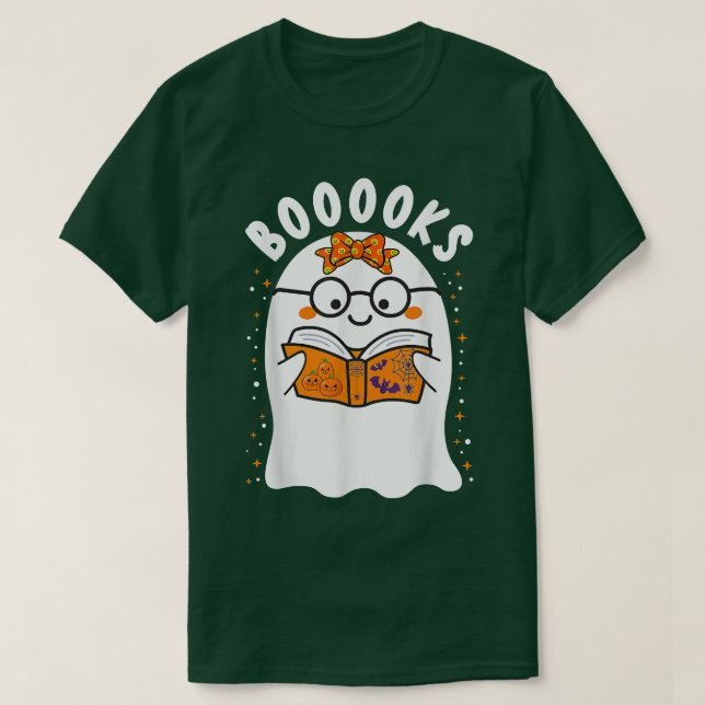 Booooks! Cute Ghost Reading Library Books Hallowee T-Shirt (Design Front)