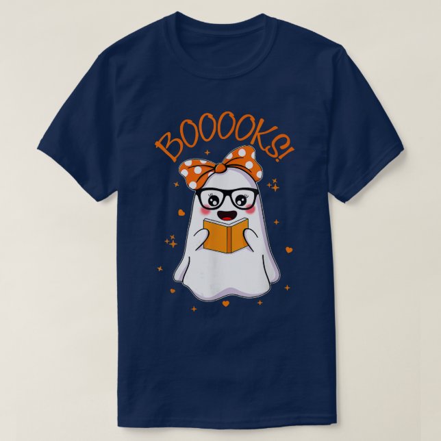 Booooks! Cute Ghost Reading Library Books Hallowee T-Shirt (Design Front)
