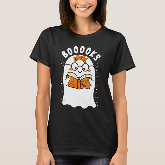 Booooks Cute Ghost Reading Library Books Halloween T-Shirt (Front)