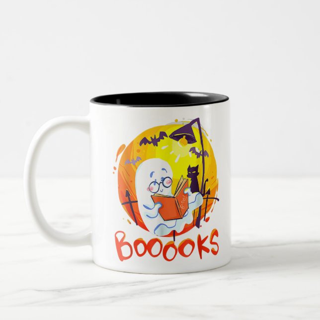 Booooks Funny Ghost Reading Library Books Hallowee Two-Tone Coffee Mug (Left)