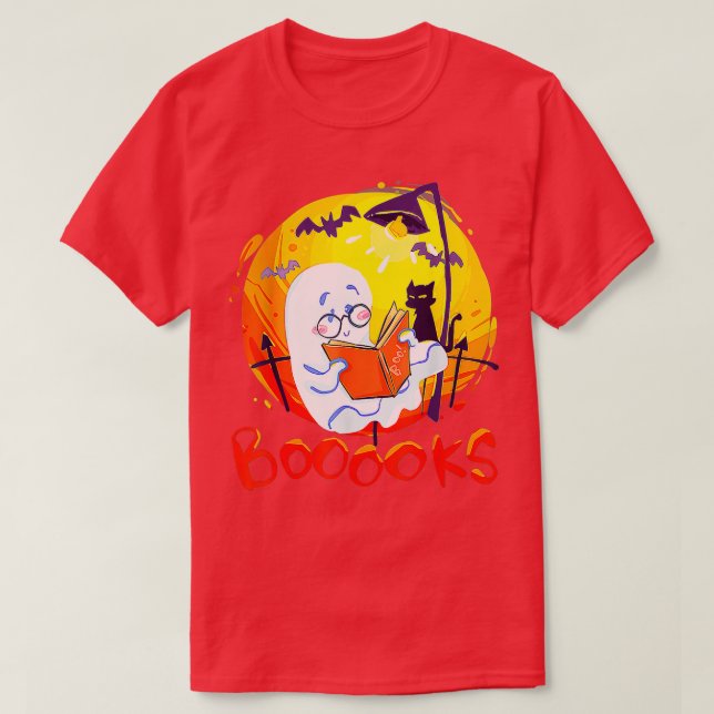 Booooks Ghost Funny Halloween Teacher Book Library T-Shirt (Design Front)