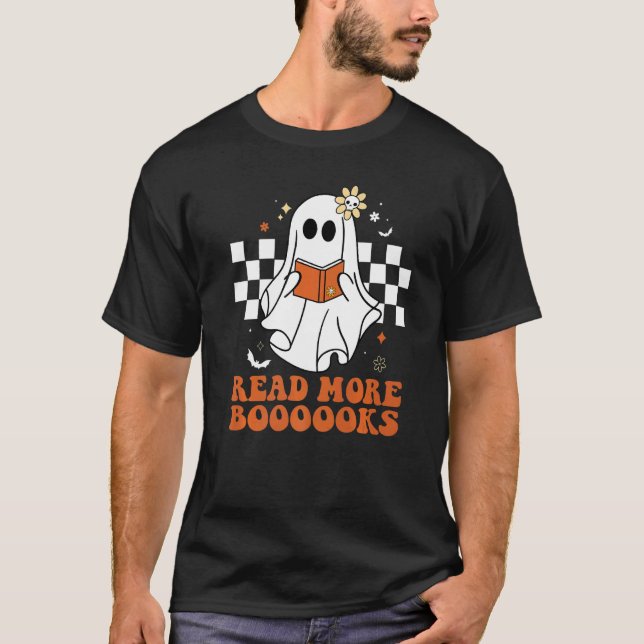 Booooks Ghost Read More Books Cute Teacher Hallowe T-Shirt (Front)