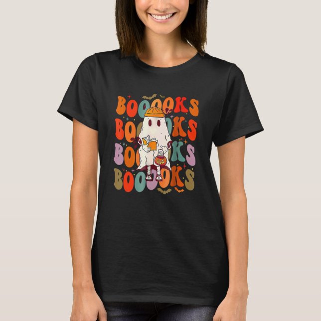 Booooks Groovy Cute Ghost Book Retro Reading Hallo T-Shirt (Front)