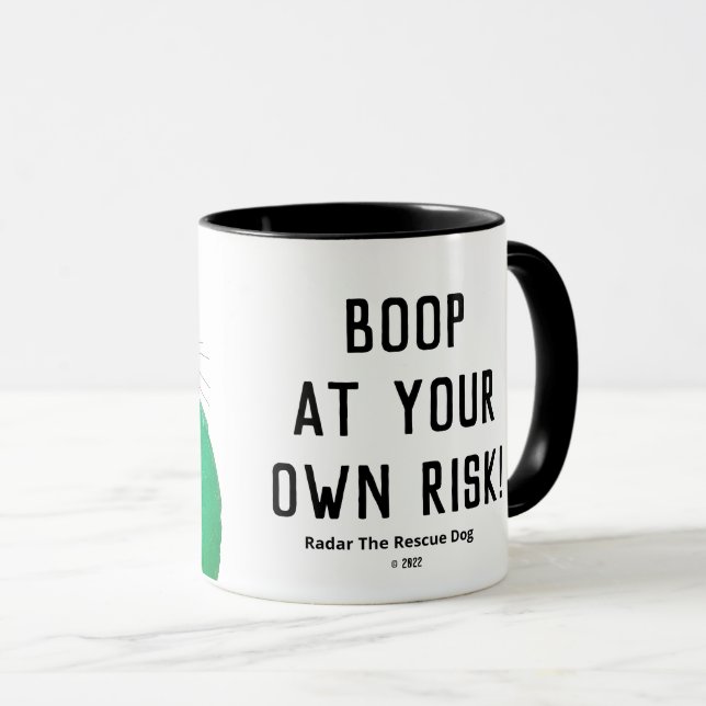 "Boop At Your Own Risk" Mug — Radar The Rescue Dog (Front Right)