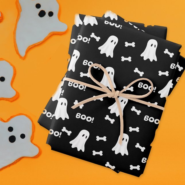 Boos and Bones Dog Halloween Wrapping Paper (Halloween for Dogs and Dog lovers Boos and Bones black wrapping paper with cute ghosts.)