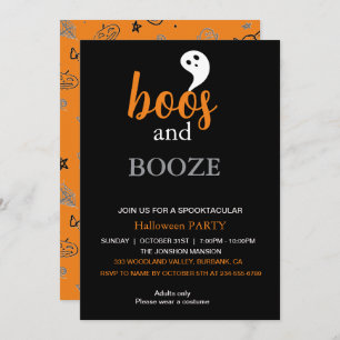 Boos and Booze Black Orange Adult Halloween Party  Invitation