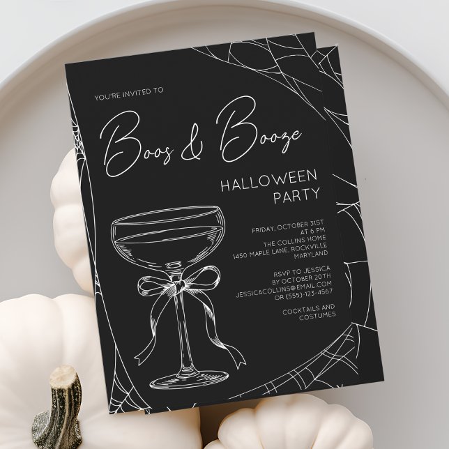 Boos and Booze Black Script Adult Halloween Party Invitation (Boos and Booze Black Script Adult Halloween Party Invitation)