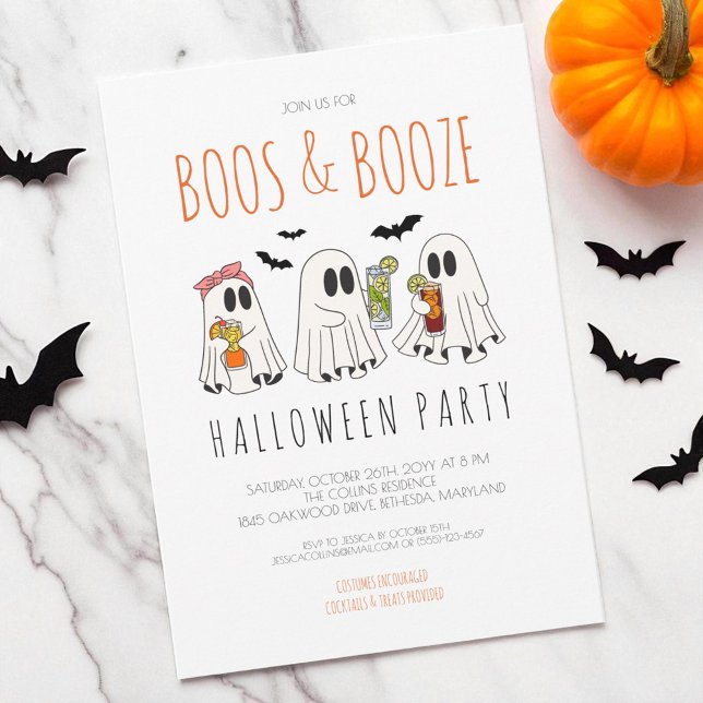 Boos and Booze Funny Ghost Adult Halloween Party Invitation (Boos and Booze Funny Ghost Adult Halloween Party Invitation)
