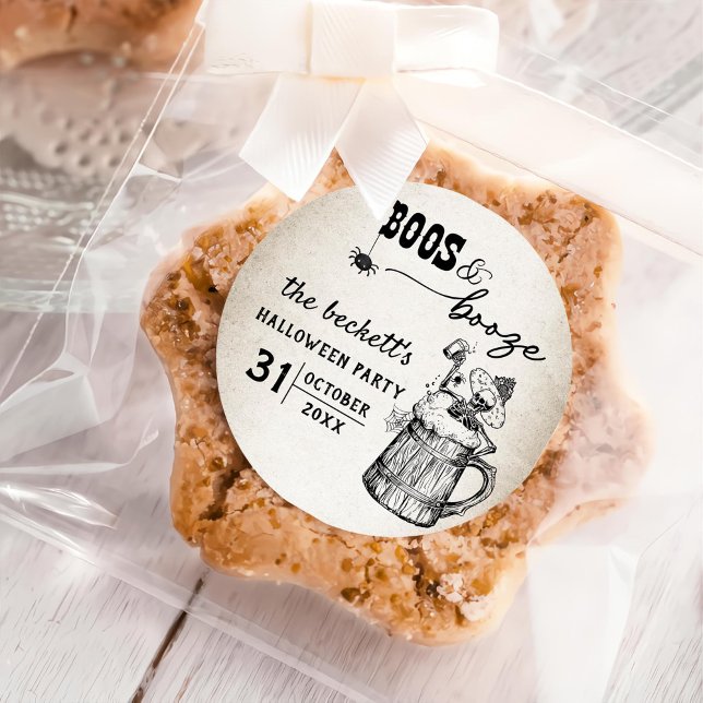 Boos and Booze Ghost Halloween Party Classic Round Sticker (Creator Uploaded)
