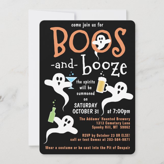 Boos and Booze Halloween Party Cute Spooky Ghost Invitation (Front)