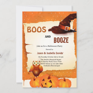 Boos and Booze Orange Pumpkin  Halloween Party  Invitation