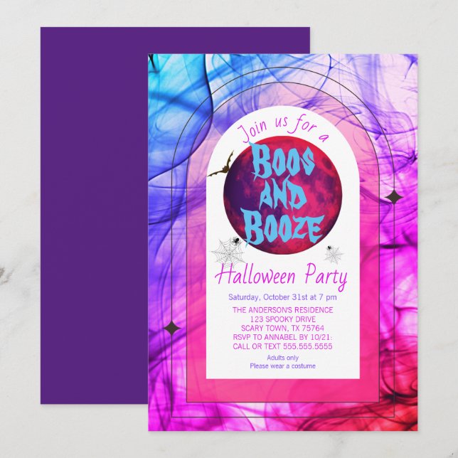 Boos and Booze Spooky Modern Adult Halloween Party Invitation (Front/Back)