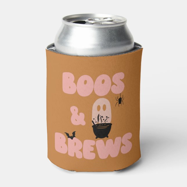 Boos and Brews Cute Orange Halloween Can Cooler (Can Front)