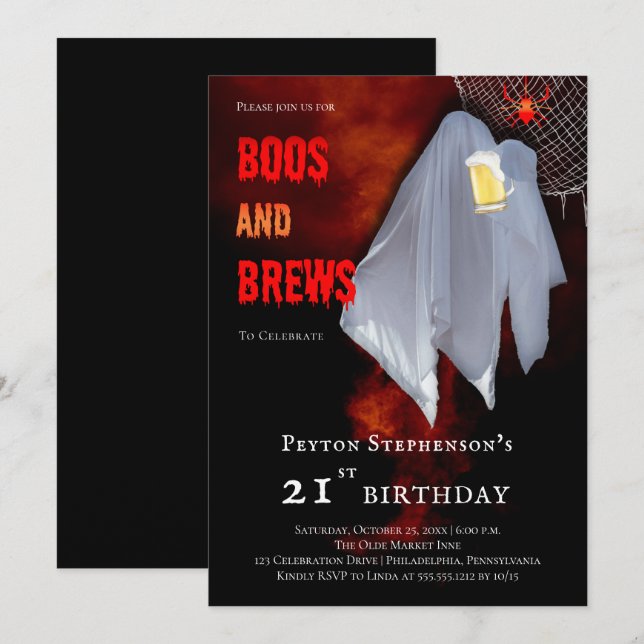 Boos and Brews Ghost Halloween 21st Birthday Party Invitation (Front/Back)