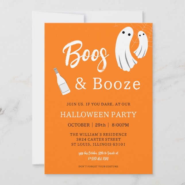 Boos & Booze Adult Halloween Orange Invitation (Front)