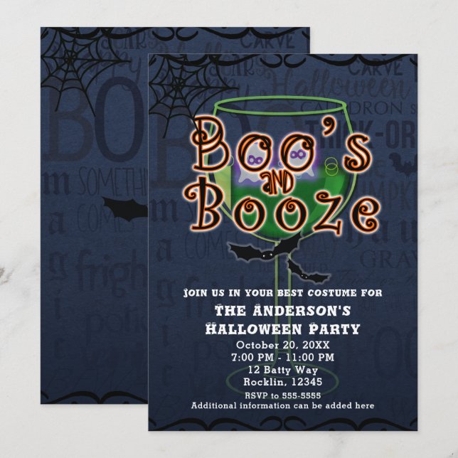 Boos & Booze Ghosts & Bats Halloween Costume Party Invitation (Front/Back)
