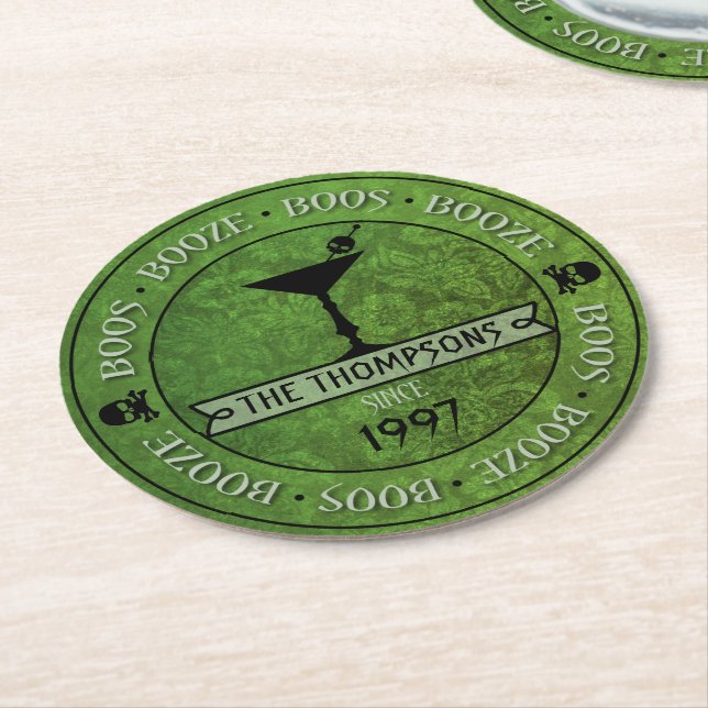 Boos & Booze Halloween Green Custom Paper Coasters (Angled)