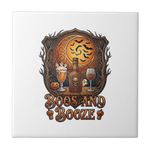 Boos Booze Halloween Skull Bottle Beer Wine Bats M Ceramic Tile