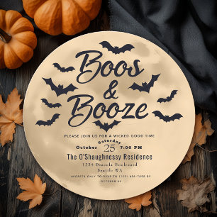 Boos & Booze Moon and Bats Adult Halloween Party Invitation