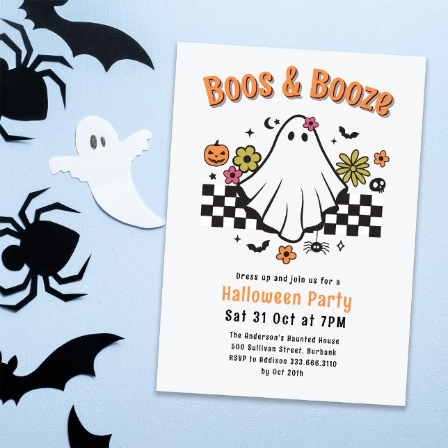Boos & Booze Retro Ghost Halloween Costume Party Invitation (Creator Uploaded)