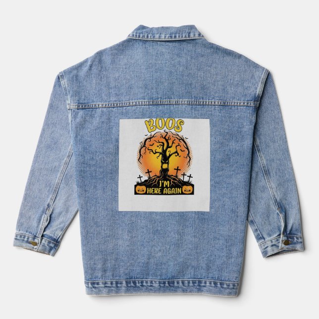 Boos Im Here Again Halloween Spooky Tree Pumpkins  Denim Jacket (Back)