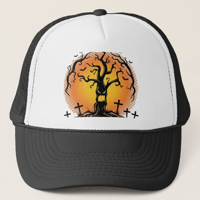 Boos Im Here Again Halloween Spooky Tree Pumpkins  Trucker Hat (Front)