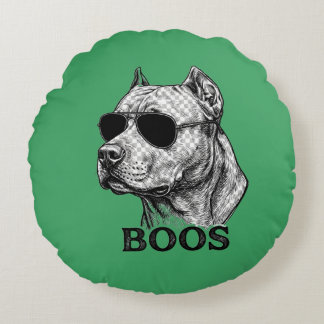 BOOS Pitbull with Sunglasses Ink Sketch Tattoo Des Round Cushion