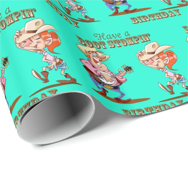Boot Stompin' Birthday Western Cowboy Cowgirl Blue Wrapping Paper (Roll Corner)