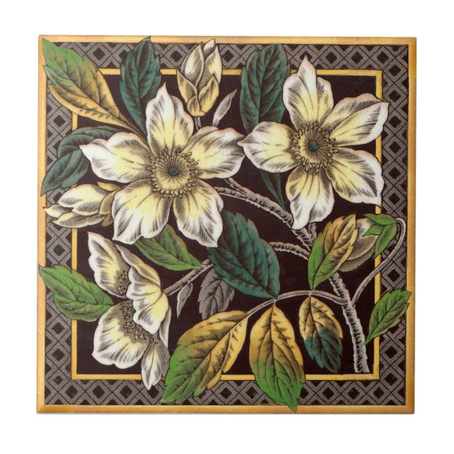 Booth Victorian Wild White Rose Transferware Repro Ceramic Tile (Front)