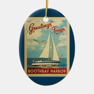 Boothbay Harbor Sailboat Vintage Travel Maine Ceramic Ornament