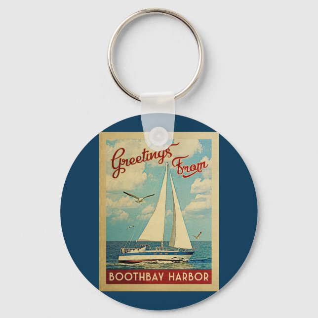Boothbay Harbour Sailboat Vintage Travel Maine Key Ring (Front)