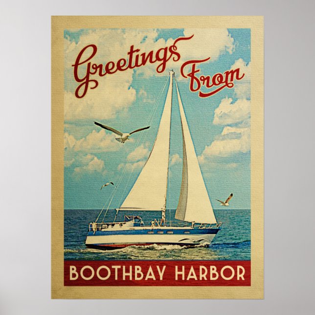Boothbay Harbour Sailboat Vintage Travel Maine Poster (Front)