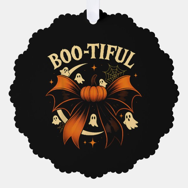  Bootiful Funny Halloween Coquette Bow Pumpkin  Tree Decoration Card (Front)