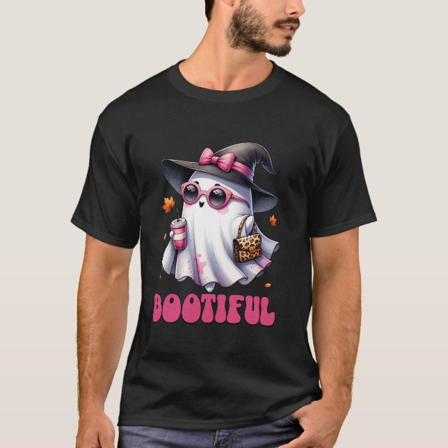 Bootiful Ghost Drinking Coffee Coquette Bow Hallow T-Shirt (Front)