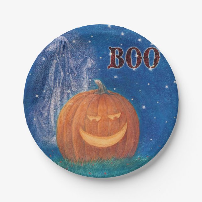 Bootiful Halloween Big Pumpkin & Ghost Paper Plate (Front)