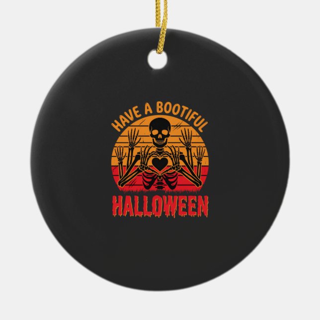 Bootiful Halloween Skeleton Heart Retro Sunset Des Ceramic Ornament (Front)
