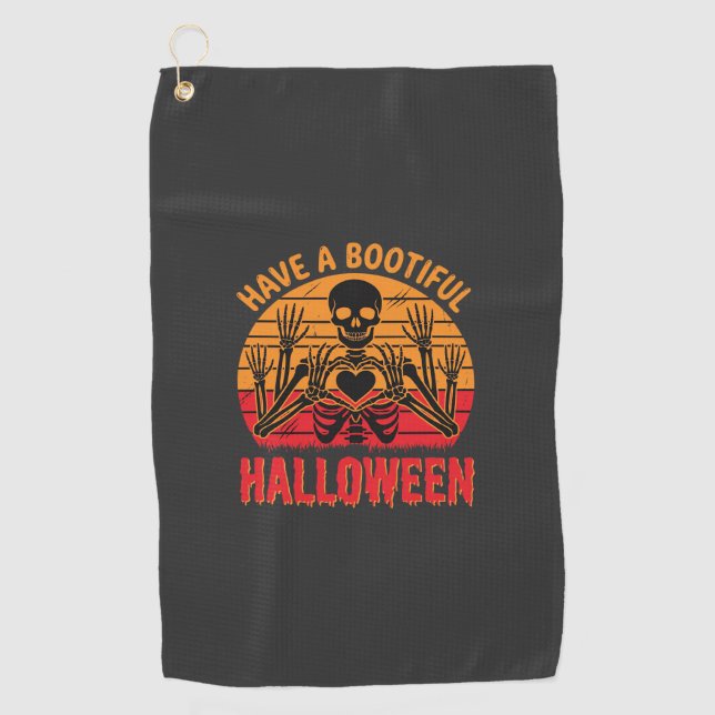 Bootiful Halloween Skeleton Heart Retro Sunset Des Golf Towel (Front)