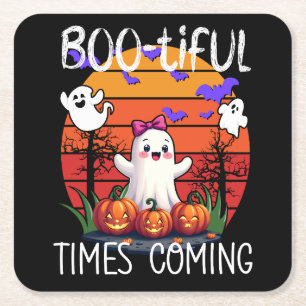 Bootiful Times Coming, Halloween Cute Ghosts Square Paper Coaster