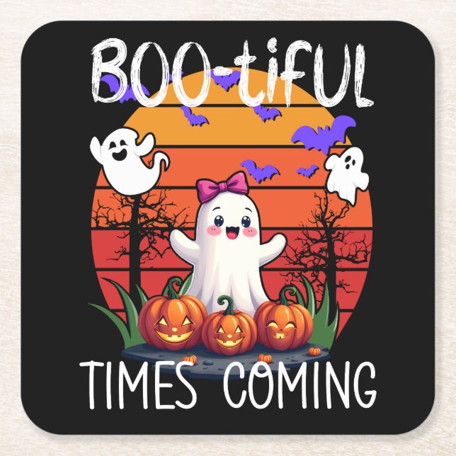 Bootiful Times Coming, Halloween Cute Ghosts Square Paper Coaster (Front)
