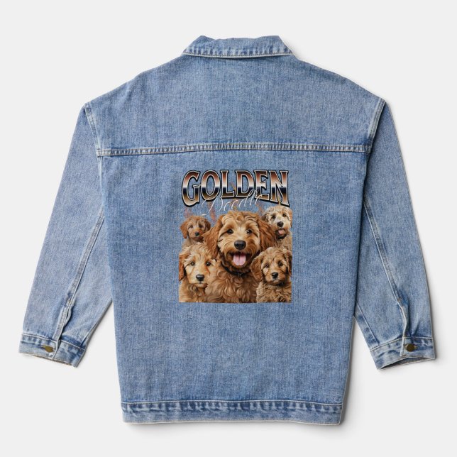 Bootleg Style Rap Tee Goldendoodle Dog Design Long Denim Jacket (Back)