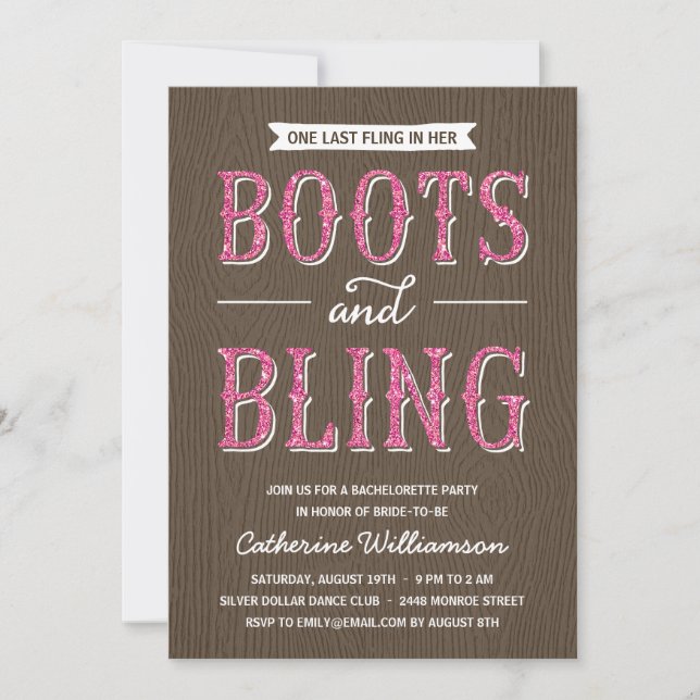 Boots and Bling | Glitter-Look Bachelorette Party Invitation (Front)