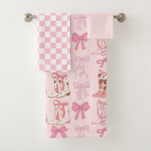 Boots and Bows Pink Girly Coquette Checkered Bath Towel Set