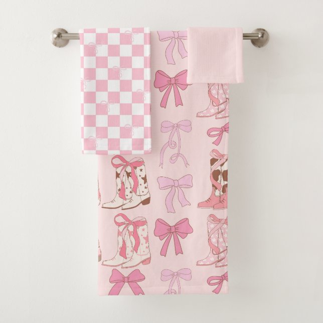 Boots and Bows Pink Girly Coquette Chequered Bath Towel Set (Insitu)