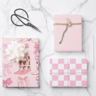 Boots and Bows Pink Girly Coquette Chequered Wrapping Paper Sheet