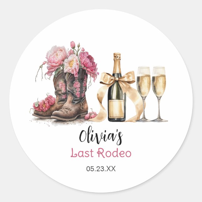 Boots and Bubbles Bridal Shower Last rodeo Classic Round Sticker (Front)