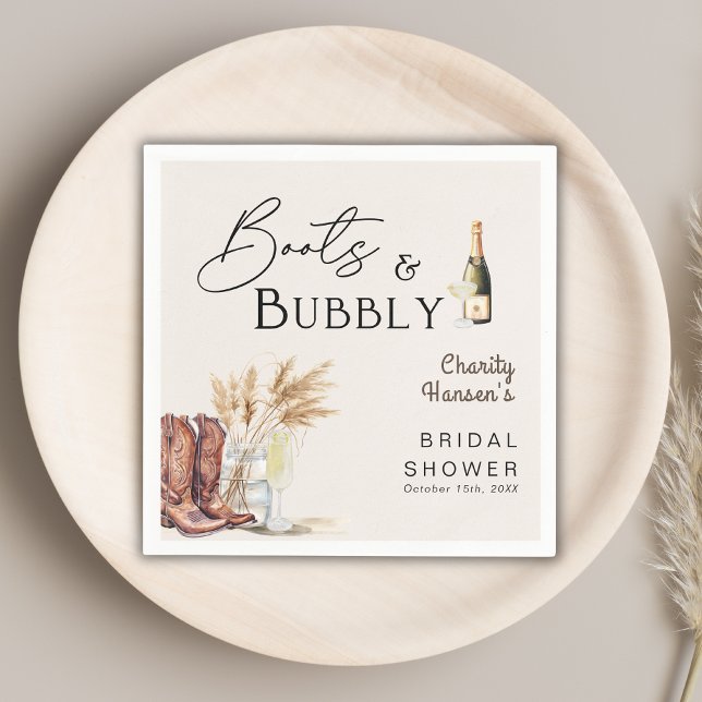 Boots And Bubbly Boho Pampas Grass Bridal Shower Napkin (Creator Uploaded)