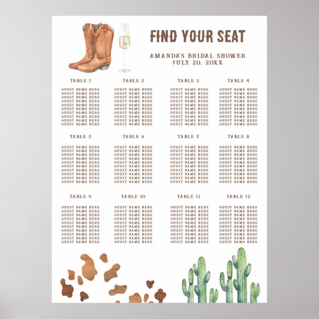 Boots and Bubbly Bridal shower seating chart (Front)